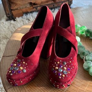 Elegant Red Suede Prada Women's Shoes with Gem Accents worn once!